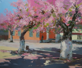 spring sakura trees oil painting while blossoming in pink