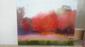 abstract landscape painting in oil of red autumn